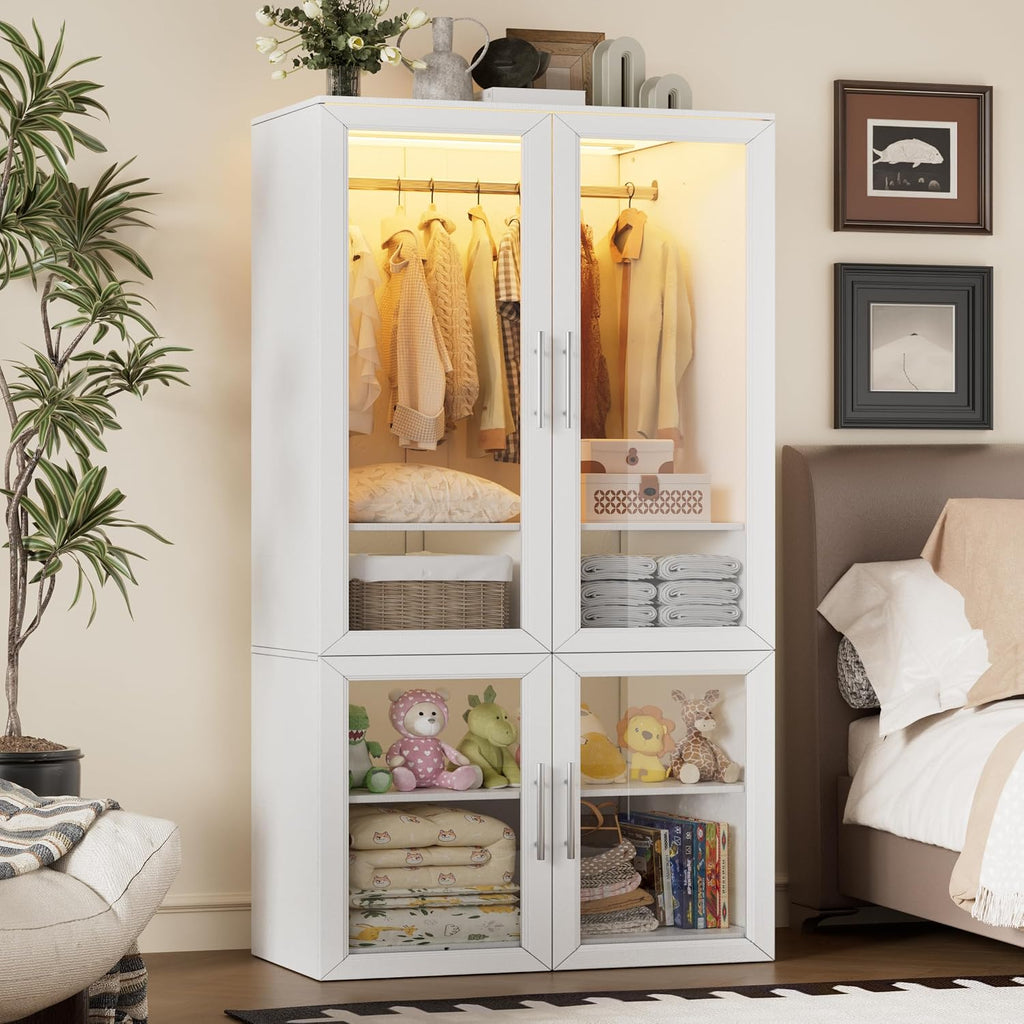 Armoire Wardrobe Closet with Glass Door, Bedroom Closet Wardrobe Cabinet with Hanging Rod, Lighted Freestanding