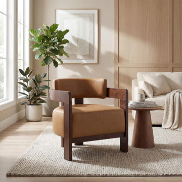 Modern Accent Chair, Upholstered Barrel Side Chairs PU Leather Guest Chair with Wooden Frame Bedroom, 1PC, Brown