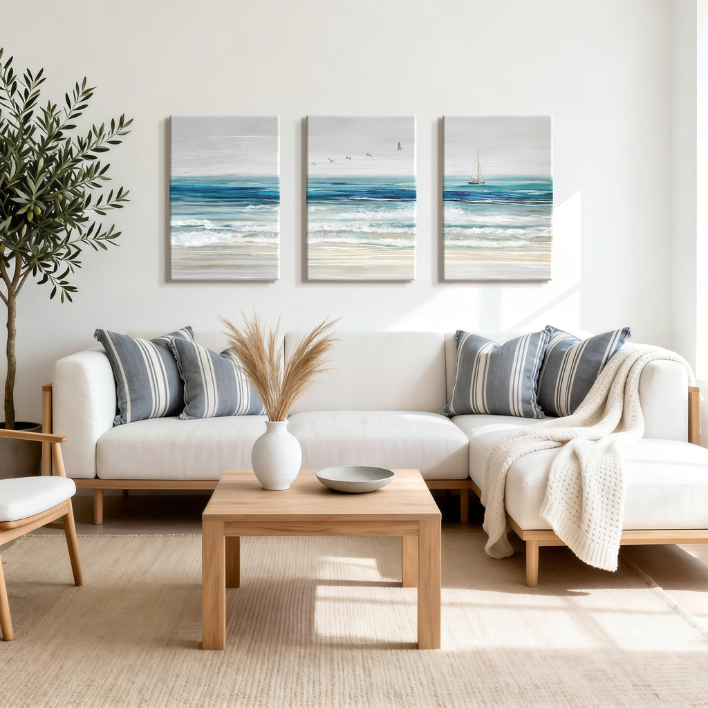 3Pcs Abstract Blue Beach Ocean Canvas Wall Art Paintings 16"x24"