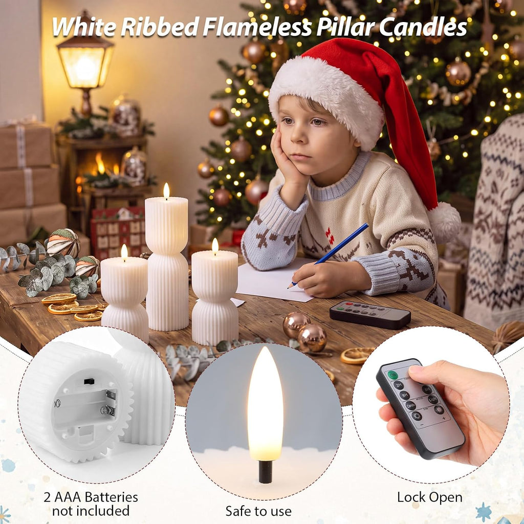 Flameless LED Candles Hourglass Remote Timer Wax,Ivory White - Set of 3