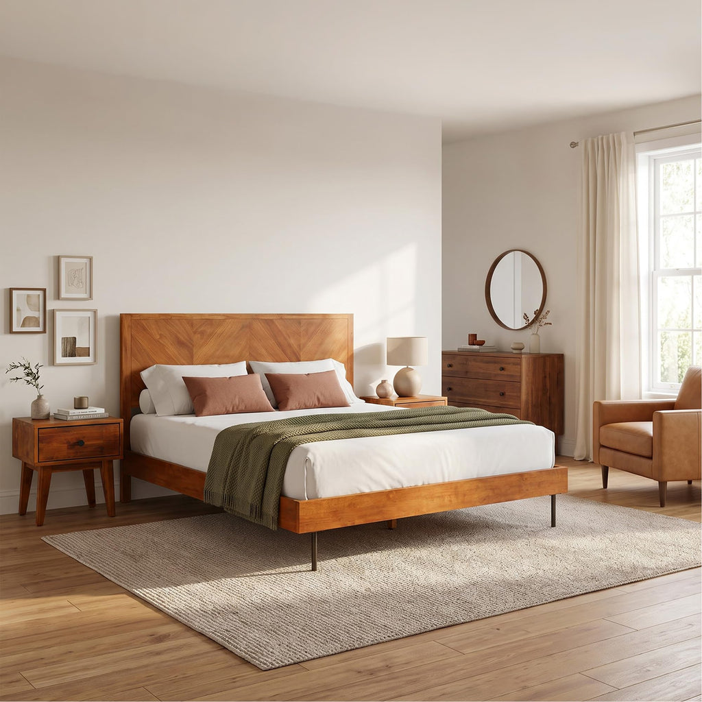 Sofia Nightstand with Drawer, Bedside Table, Solid Wood Bedside End Table with Drawer and Storage Space, Caramel