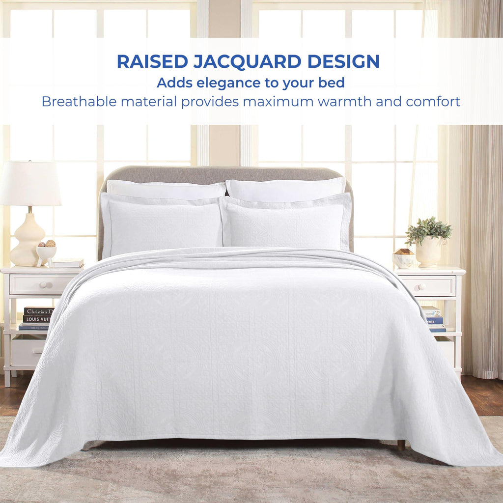 Cotton Bedspread, Jacquard Woven Matelasse Bedding, King, Ivory