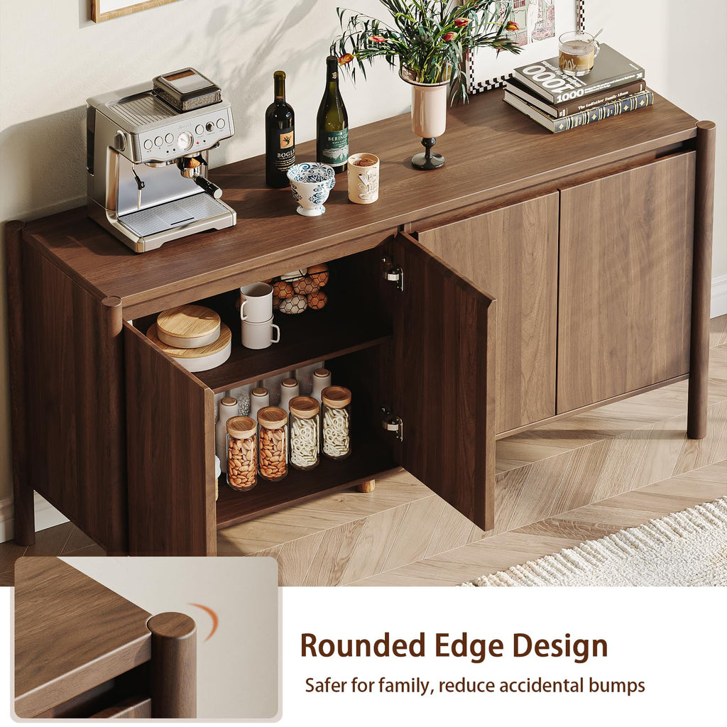 59 Inch Walnut Buffet Cabinet, Mid Century Wood Sideboard Storage