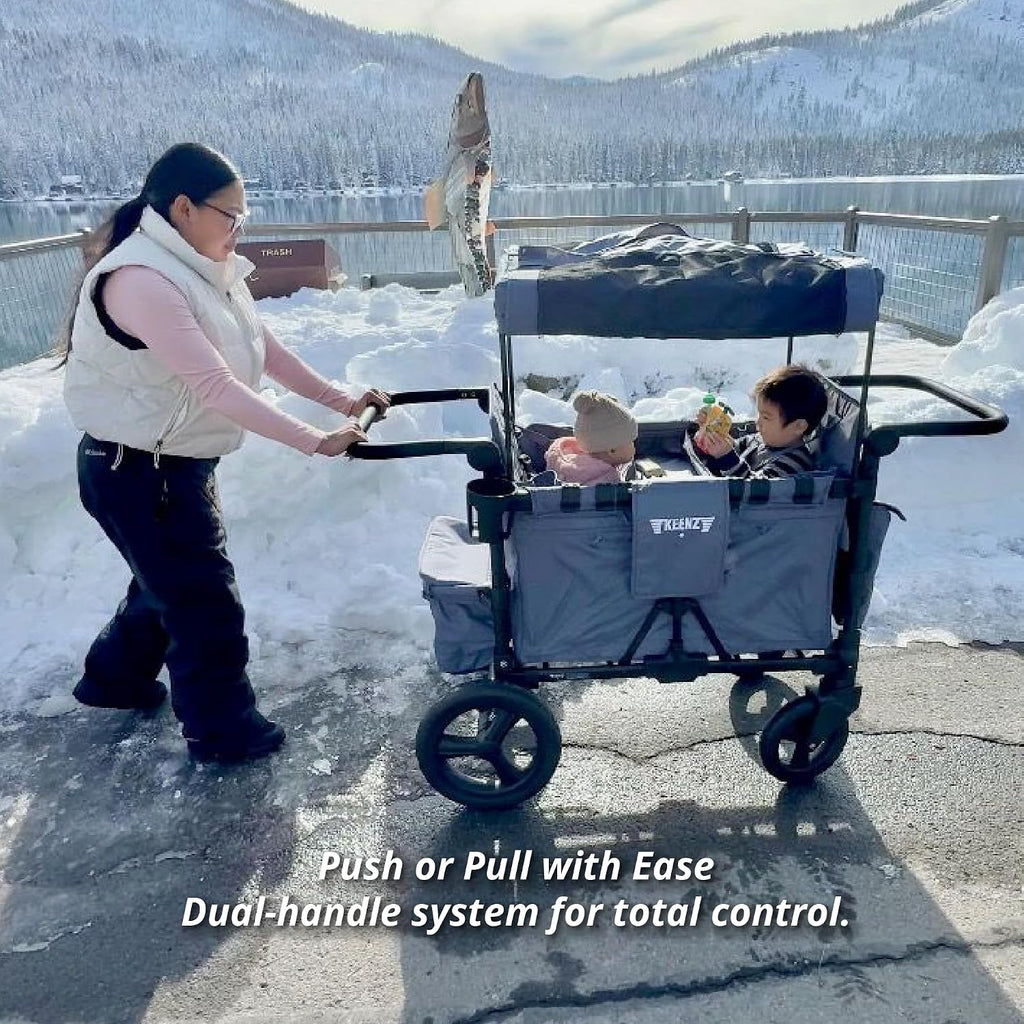 Passenger All-Terrain Stroller Wagon with Reclining Seats, Cooler Bin, Push/Pull Handle, and Rubber Wheels