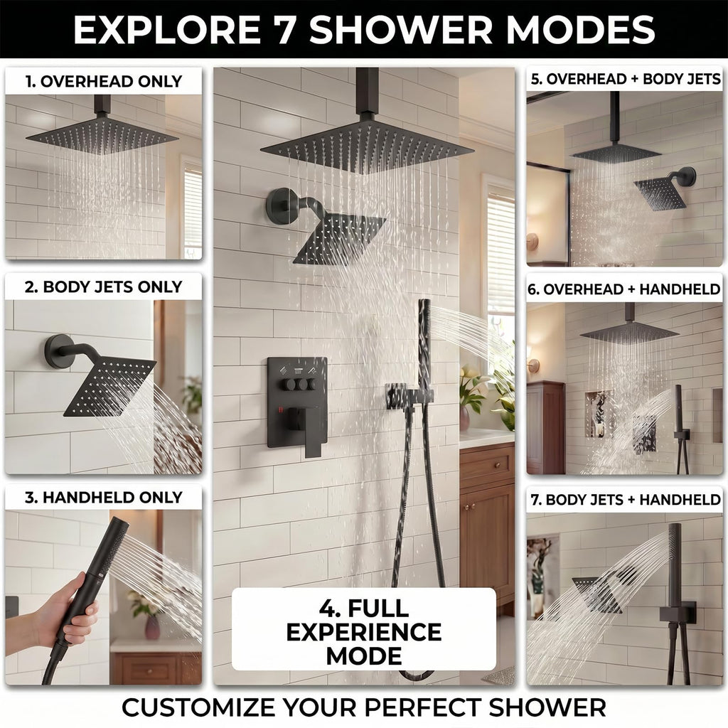 10 Inch Shower Faucet with Push Button Diverter Shower System, 2 in 1 Spray Handheld Showerhead, Ceiling Mount 10