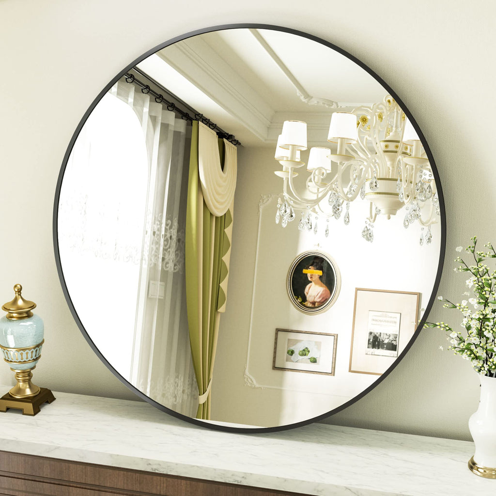 Black Round Bathroom Mirror 23.6", Thin Metal Frame Wall Mirror