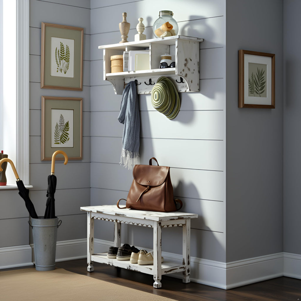 Country Cottage 36" Entryway Coat Rack and Bench Set - Wall Mounted Coat Hanger with 3 Cubbies, 4 Double Hooks &