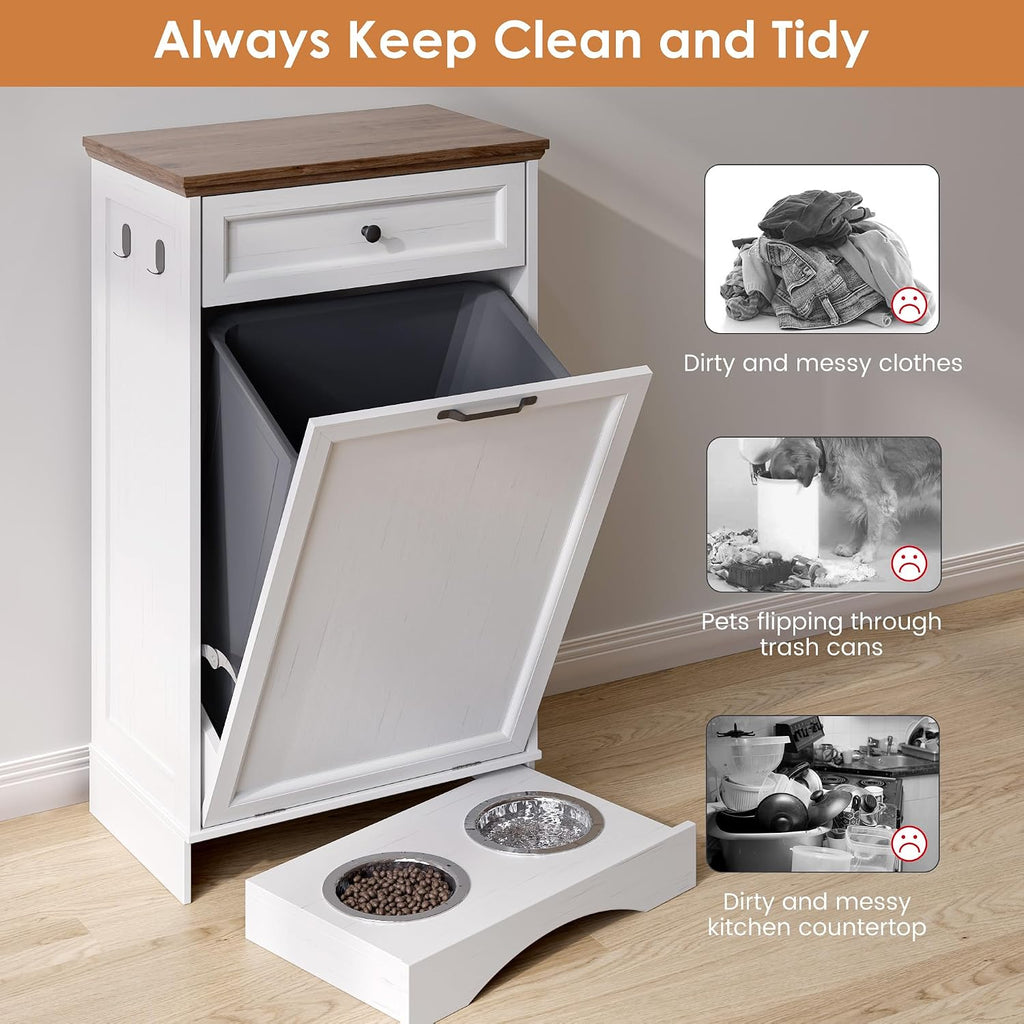 Tilt Out Trash Can Cabinet 10 Gallon Hidden Trash Garbage Can Cabinet with Drawer, Pet Proof Hidden Garbage, Laundry