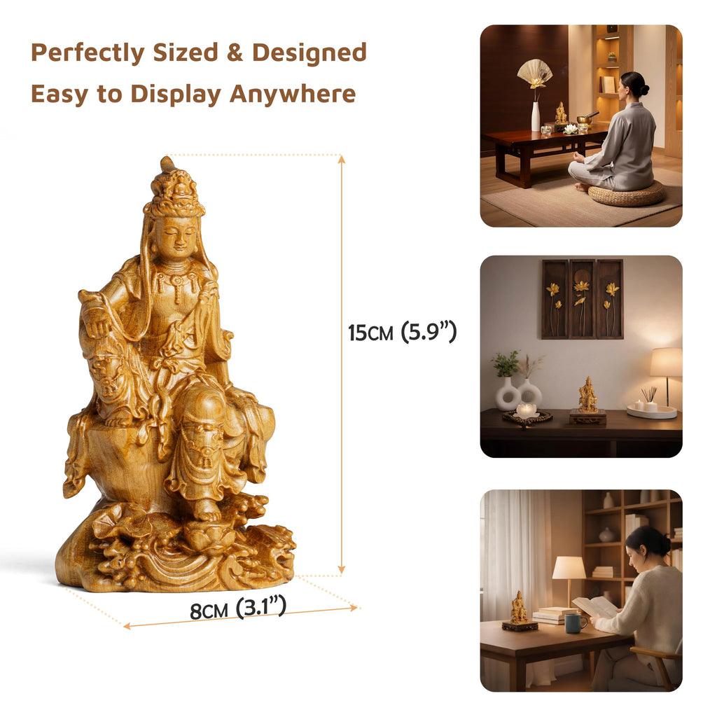 Wooden Guan Yin Bodhisattva Statue - Kuan Yin Quan Yin Buddha for Feng Shui, Meditation, and Spiritual Decor, Zen