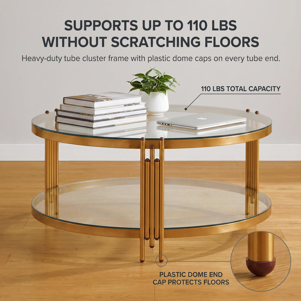 36" Round Glass Coffee Table, Gold Circle Coffee Table with Storage