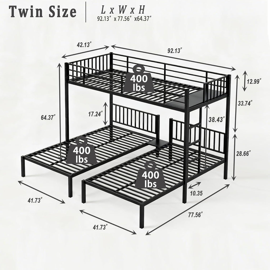 Twin Triple Bunk Bed for Kids, Teens,Adults, Metal Twin XL Bunk Beds for 3, 3 bunk Bed for 3 Kids, Adults（Heavy Metal