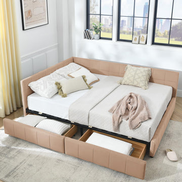 Queen Daybed with Storage Drawers, Modern Corner Tufted Velvet Upholstered Queen Size Sofa Day Bed Frame with Wooden