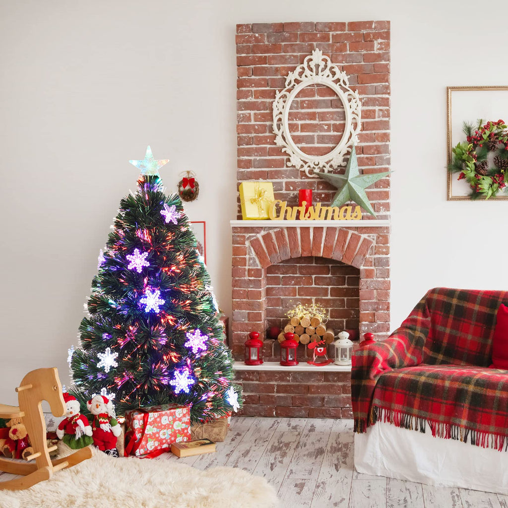 3FT Pre-Lit Christmas Tree with Multicolored Fiber Optics, 12 Snowflake LED Lights, Stunning Star, 85 PVC Tips