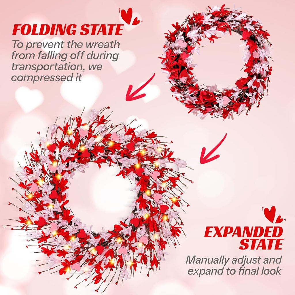Valentines Day Decorations - 20 Inch Valentines Wreath, Artificial Lighted Pink Forsythia Wreath with Hearts Berries