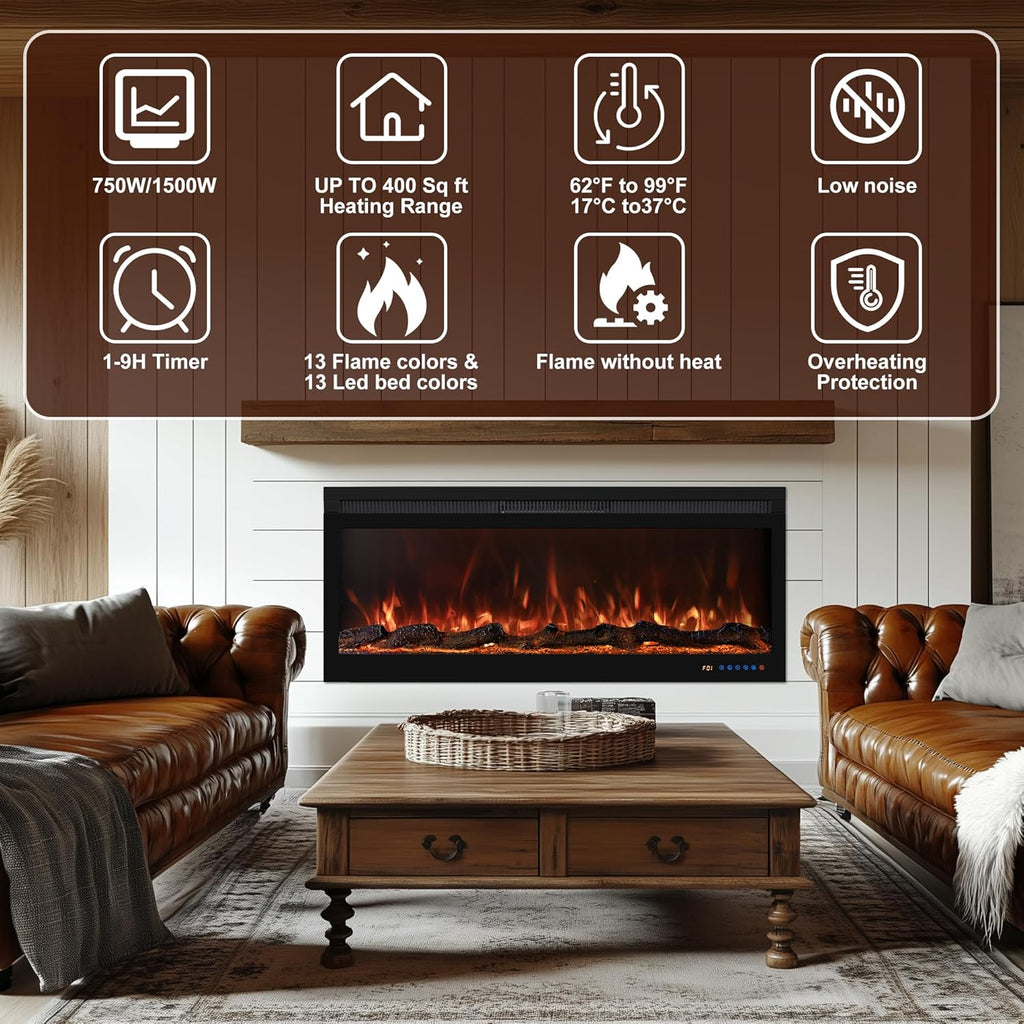 50 Inch Smart Electric Fireplace Insert with Heater, Recessed or Wall Mounted, Remote and App Control, 9H Timer