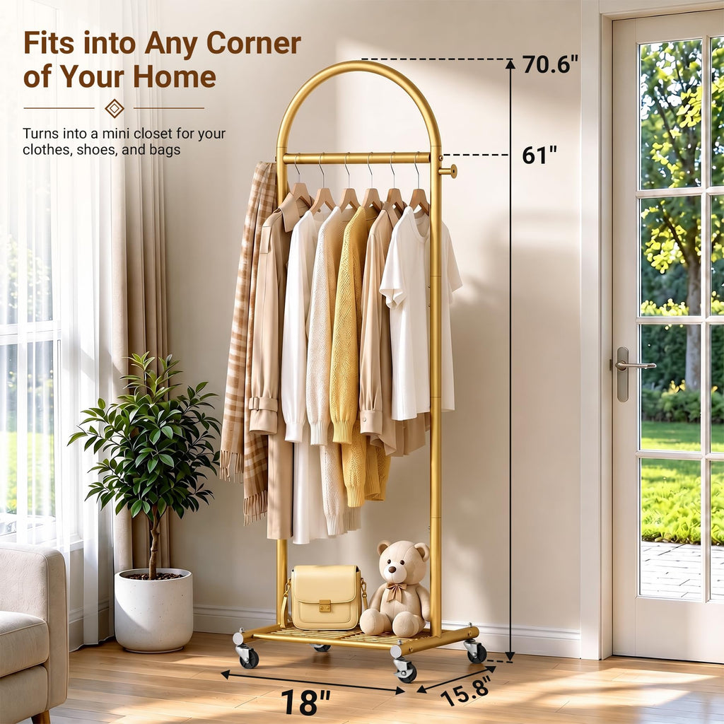 18" Small Clothes Racks for Hanging Clothes Arched Shape Gold Clothing Rack with Wheels 70.6" Metal Rolling Garment