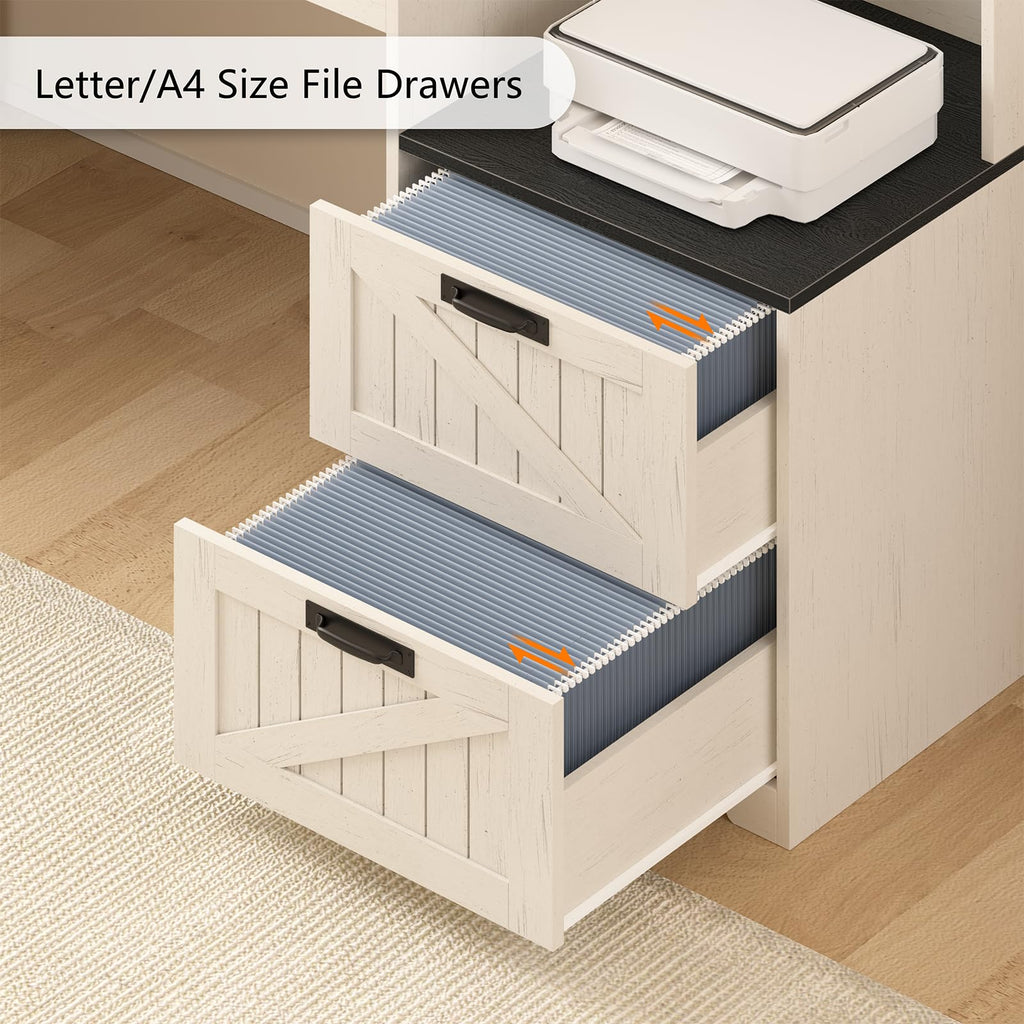 63" Farmhouse L Shaped Desk with Drawers and Printer Stand