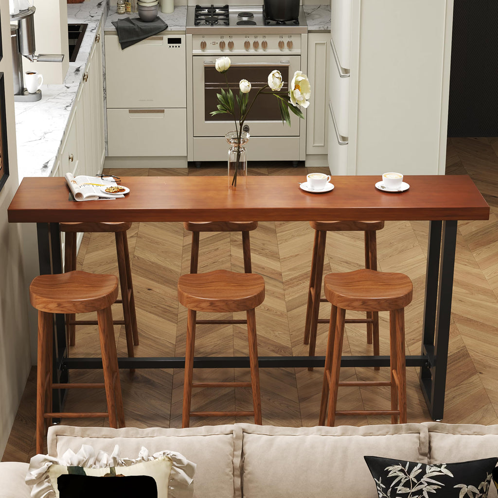 55in Dark Brown Solid Wood Bar Height Pub Table - Built-in Footrest, Solid Wood Top & Sturdy Metal Legs | Counter