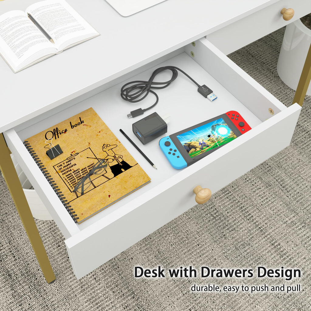 Computer Desk with Drawers, Home Office Workstation, White Gold