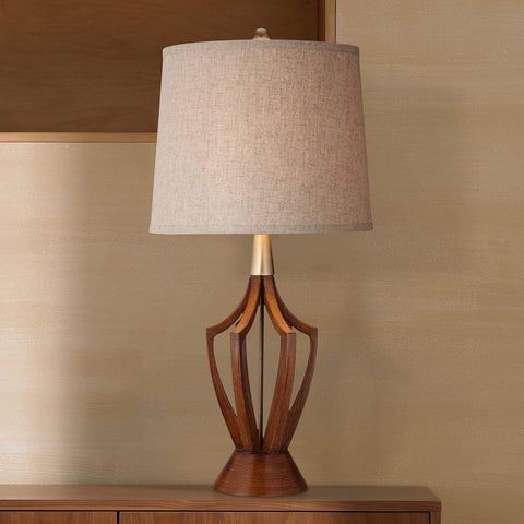 St. Claire Mid Century Modern Table Lamp 30 3/4" Tall Wood Brown Open Vase Taupe Fabric Drum Shade L
