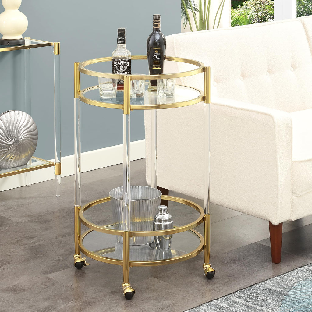 Royal Crest Acrylic Round Glass Bar Cart 22.25" - Modern 2 Tier Storage Bar with Wheels, Glam Wine Storage, Mobile