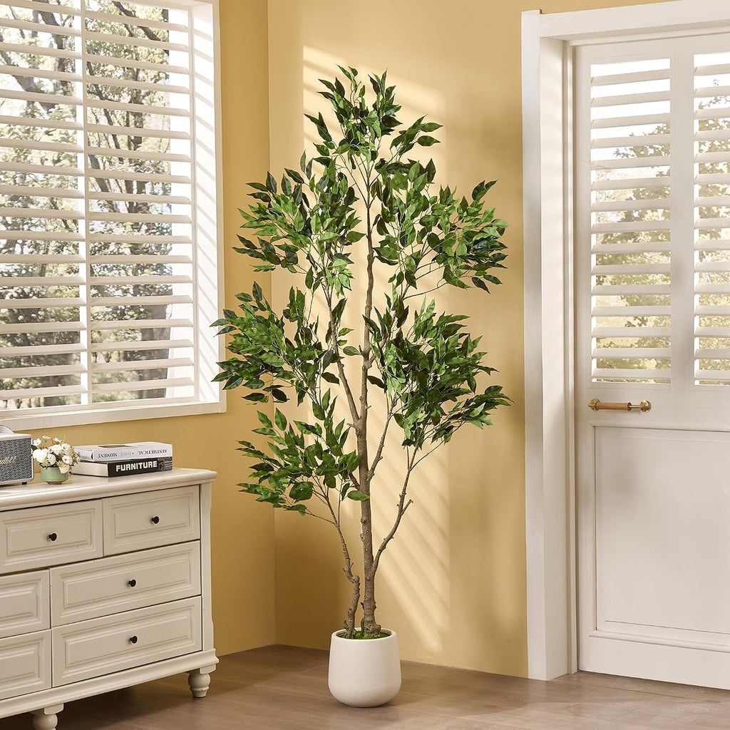 6FT Artificial Ficus Tree, Large Faux Fig Tree with Realistic Silk Leaves & Natural Wood Trunk, White Planter