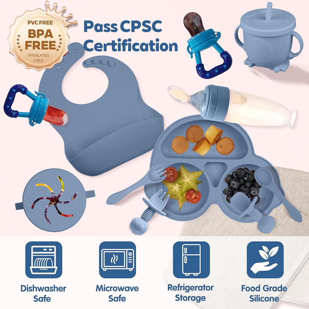 Feeding Set, Baby Led Weaning Supplies Kit With Suction Bowl & Car Plate, Bib, Spoon, Fork, Cup - Food-Grade