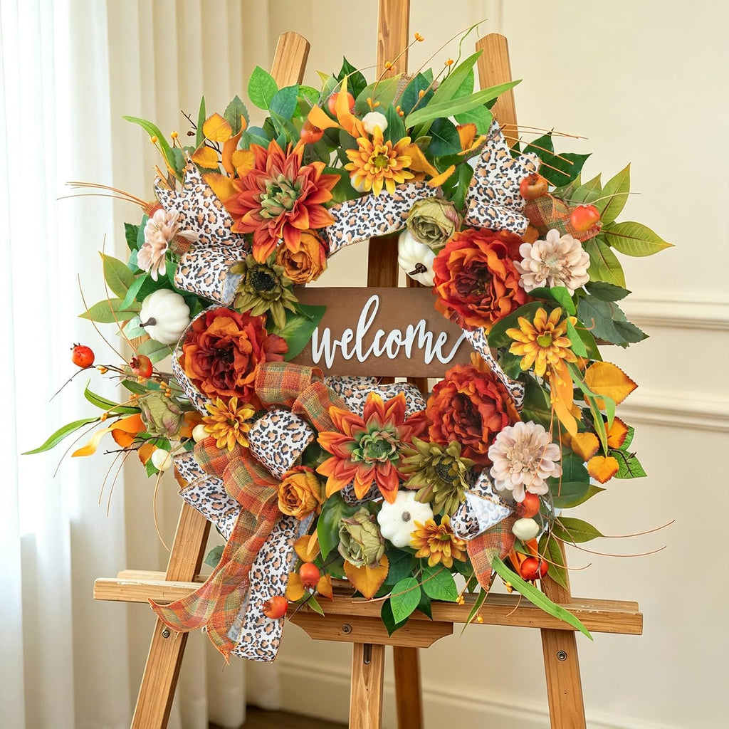 24 Inch Fall Wreaths for Front Door, Autumn Wreath with Welcome Sign