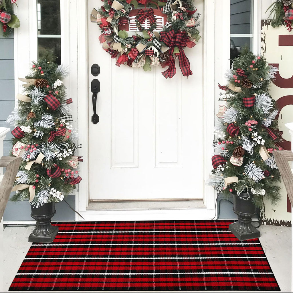Christmas Door Mat Buffalo Plaid Outdoor Rug Christmas Decor Welcome Rug Cotton Hand-Woven Layered Door Mats for