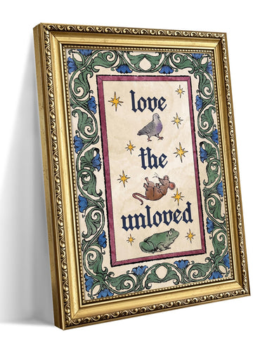 Gold Framed Gothic Love Wall Art, "Love the Unloved" Animal Print, 16x24in