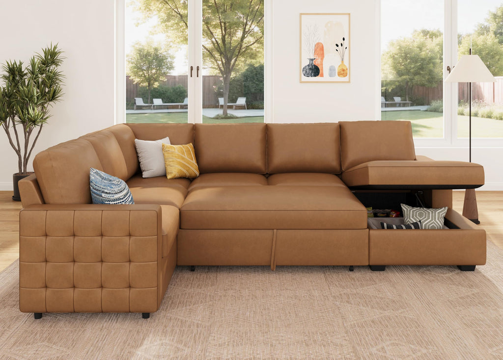 Sleeper Sectional Couch with Pull-Out Bed Sectional Sleeper Sofa Pull Out Bed with Storage Chaise, 6 Seaters Couch