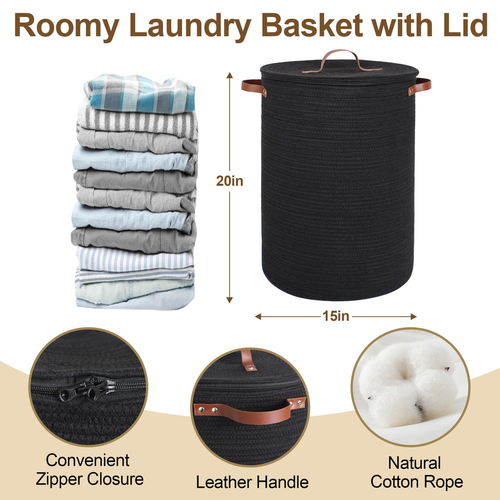 Black Basket with Lid, 15" x 20" Tall Woven Cotton Rope Laundry Hamper with Zipper, Modern Round Laundry Basket for