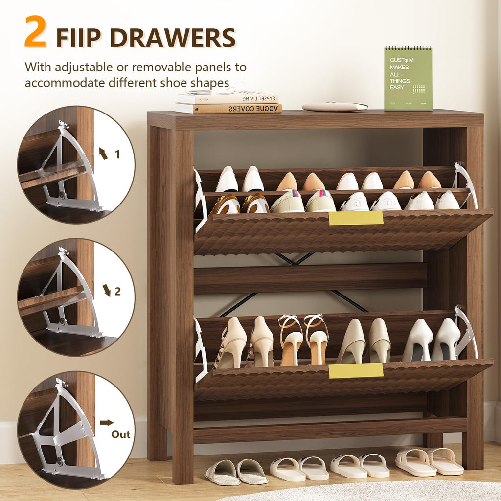 Fluted Shoe Cabinet Storage with 2 Flip Drawers