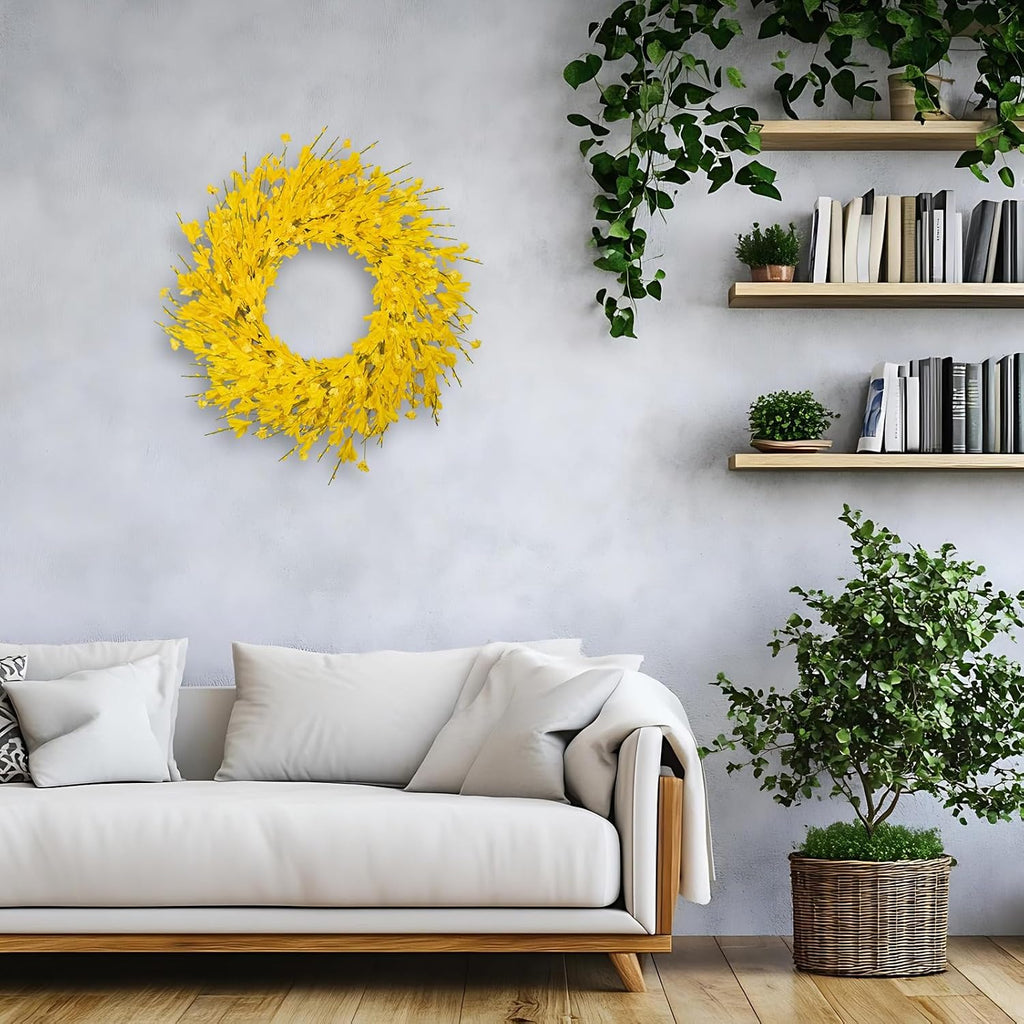24 Inch Artificial Yellow Forsythia Flower Wreaths, Silk Leaves Paper Floral Wreath for Front Door, Spring Summer