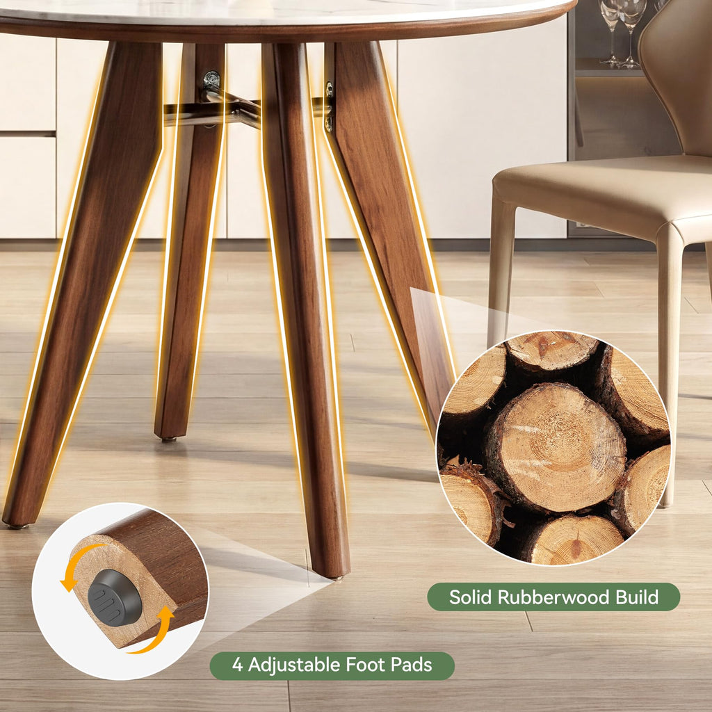 31.5" Round Dining Table, Modern Sintered Stone Kitchen Table with Solid Wood Legs, Small Space, Glossy White & Brown