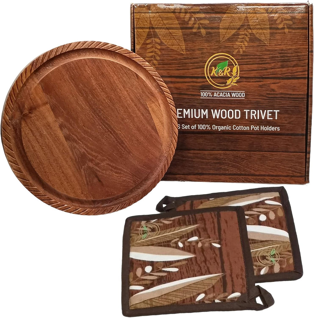 Wood Trivet for Hot Pots and Pans - 10x10 Reversible Acacia Cutting Board & Serving Tray - Rustic Wooden Trivet