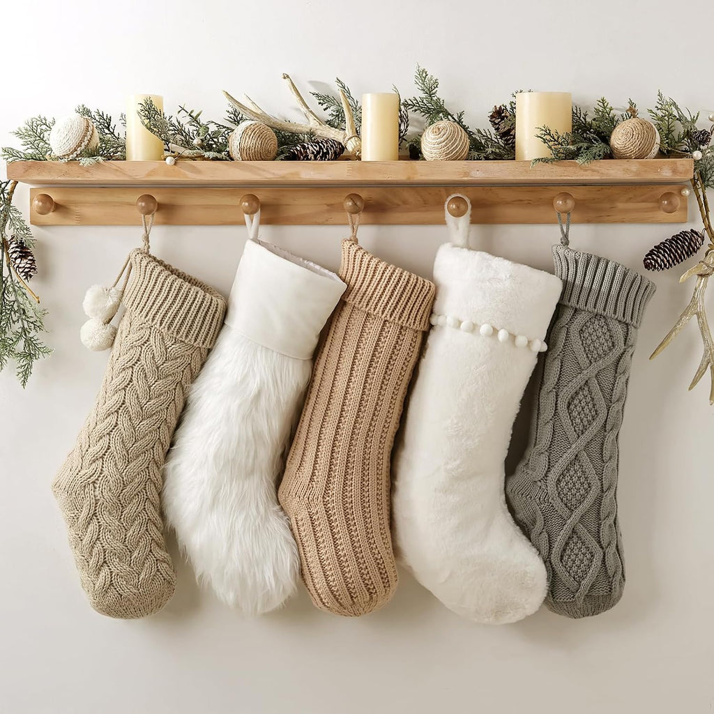 S: 5 Pack 18 inch Farmhouse Plush Faux Fur & Cable Knitted Fireplace Xmas Stockings, Hanging Gifts Cozy Personalized - Set of 5