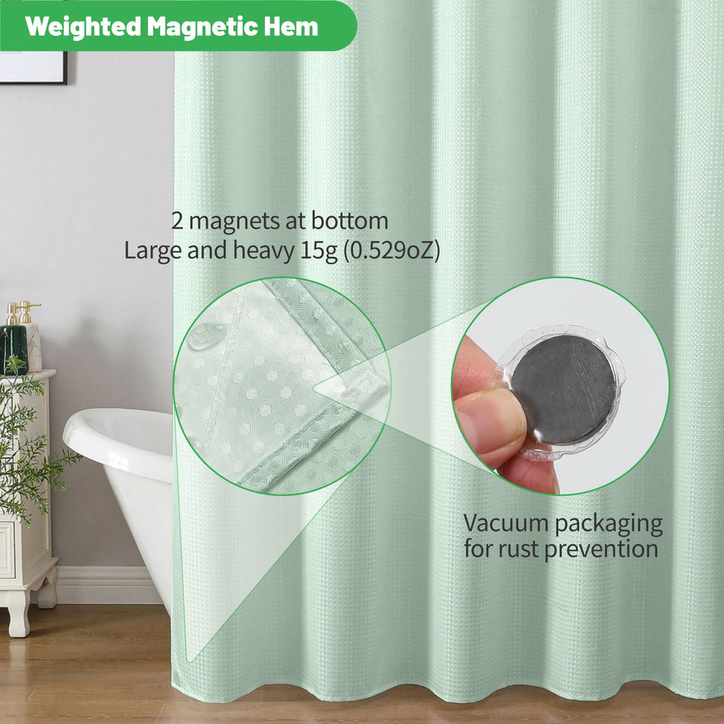 No Hook Waffle Shower Curtain, No Liner Needed, 71x80 Inch, Mint Green
