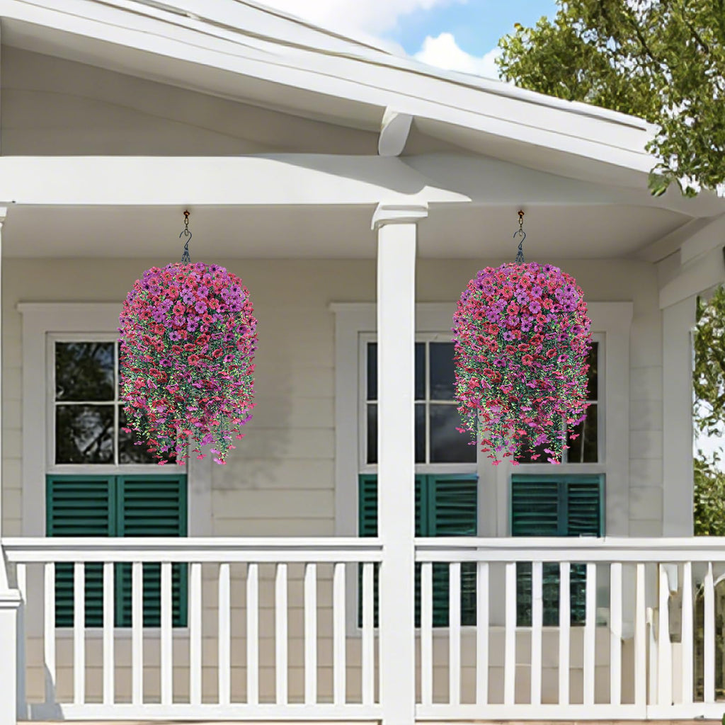 Artificial Hanging Flowers with Basket for Outdoor, 4pcs UV Resistant Silk Fake Daisy Flowers, Faux Flower Plants