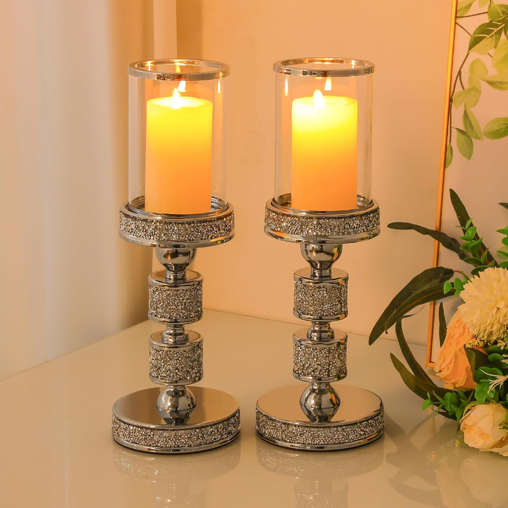 Hurricane Candle Holder, 13.5" Tall Metal Candle Stand, Glass Pillar Candle Holders, Crystal Silver Decorative