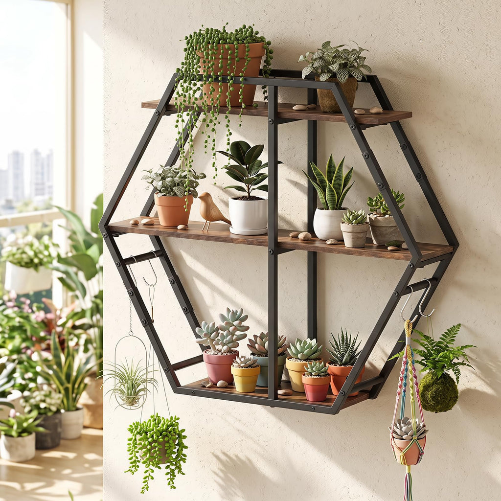 Hexagon Wall Shelf, 3-Tier Geometric Bookcase with 4 S-Shaped Hooks & Heavy Duty Metal Frame, Wall Mounted Industrial