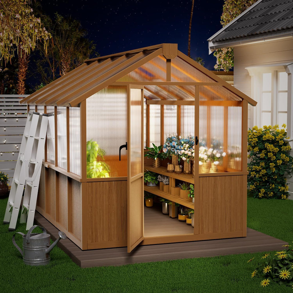 6x10 FT Wooden Greenhouse,Natural Wood Garden House for Plants,Heavy Duty Green House with Polycarbonate Panel