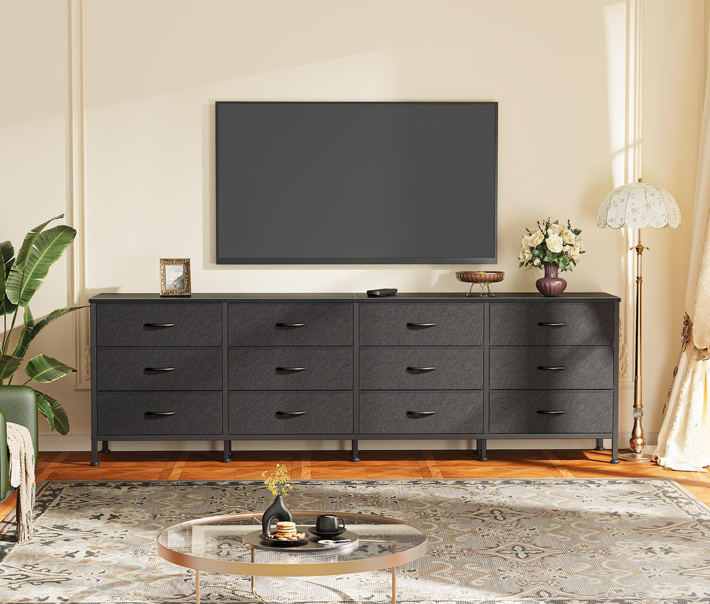 70 Inch Black Dresser, TV Stand for 65, 75, 80 Inch TV, 12 Fabric Drawer Long Dresser, Wide Chest of Drawer, Storage