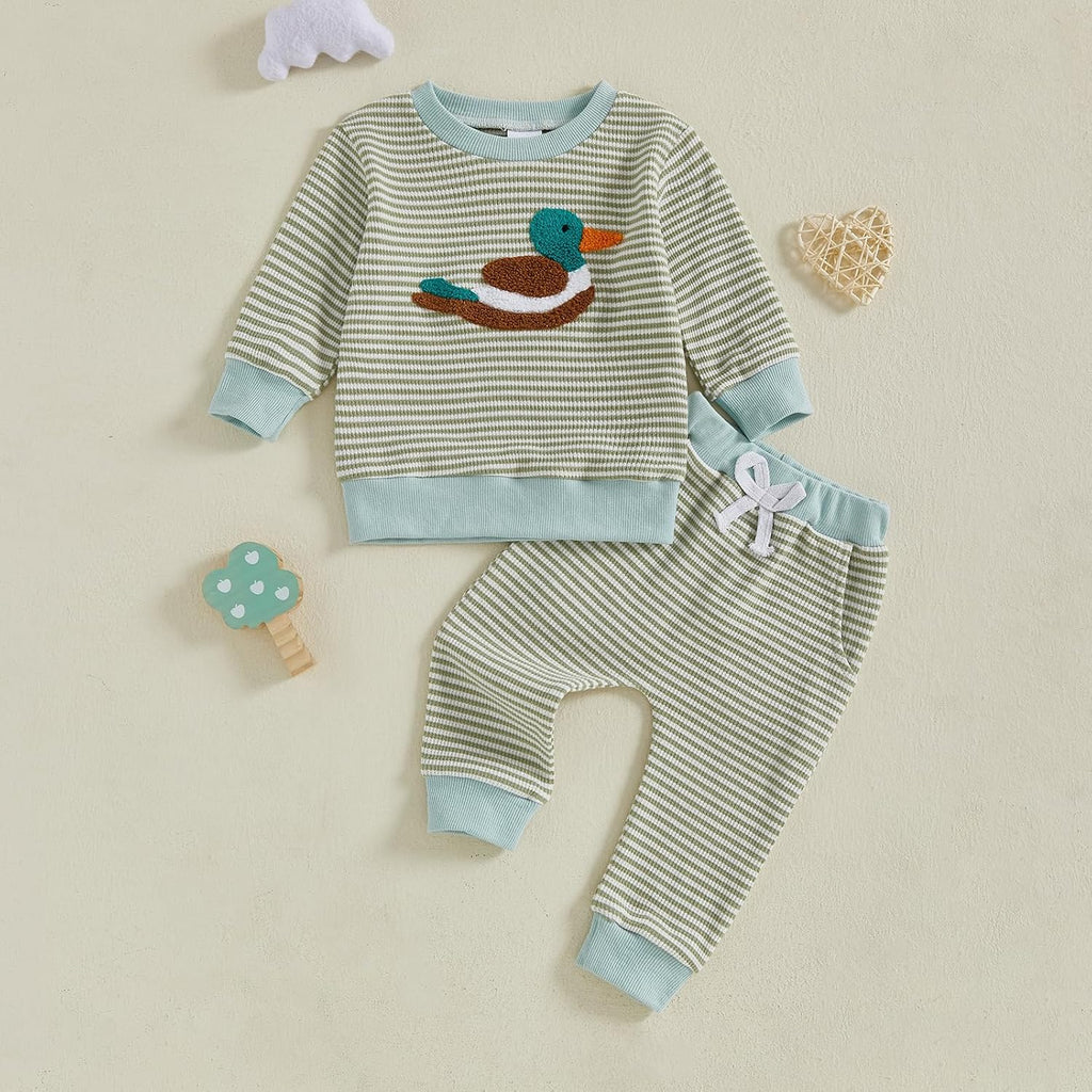 Baby Toddler Boy Girl Fall Winter Clothes Embroidery Stripe Pullover Pants Sets Infant Long Sleeve Sweatshirt Outfits