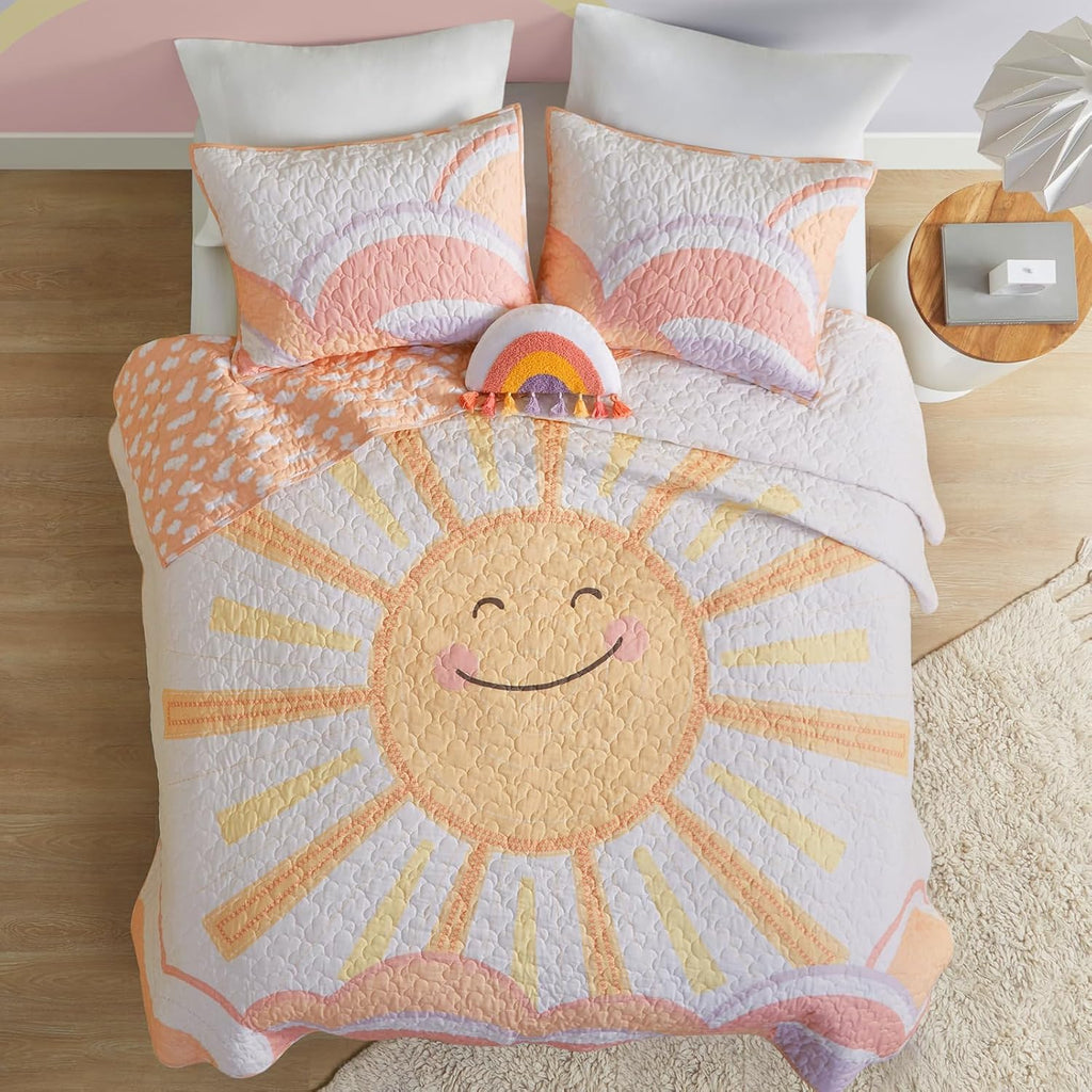 Kids Twin Quilt Bedding Set, Cotton Coverlet Sun Girls Bedding Set Rainbow & Clouds Reversible Dawn Light &