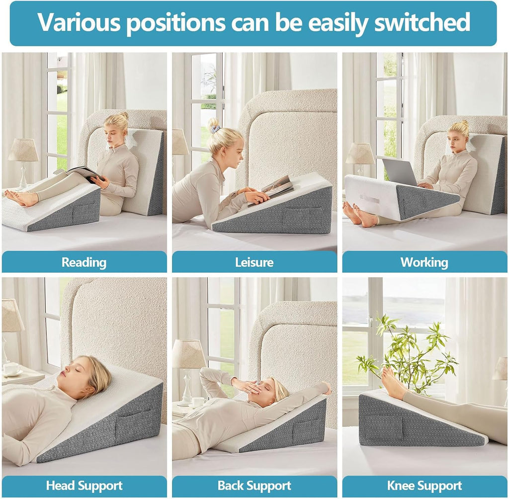 Wedge Pillow for Sleeping, 24 x 24 x 10 Inch Bed Wedge | 40D Memory Foam Top Layer with Supportive Foam Base;