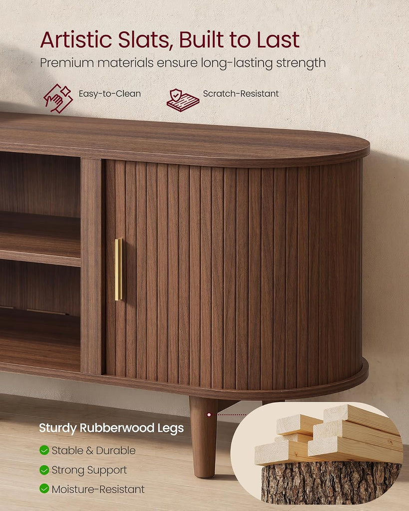 TV Stand for 80-Inch TVs, Mid Century Entertainment Center with Storage, Fluted Sliding Doors, Media Console Table