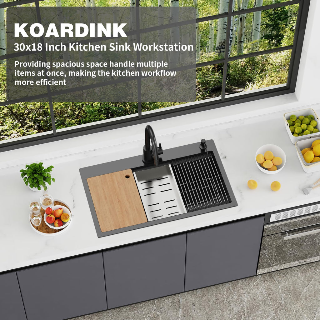 Black 30x18In Drop-in Workstation, Stainless Steel, Single Bowl