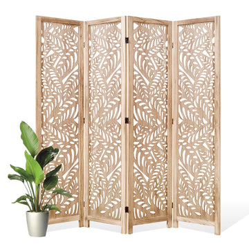 Leaf-Carved Room Divider Privacy Screen - 67 Inch Tall Foading Decorative Wood Screen Dividers Panel - Natural Wood