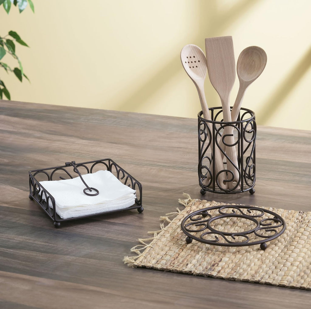 Scroll Collection Steel Trivet for Hot Dishes, Pots And Pans, Round Design & Dinning Table, Bronze
